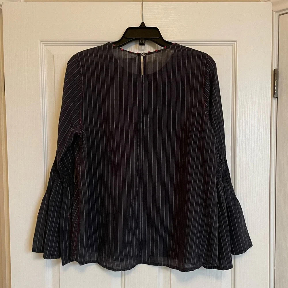 VELVET BY GRAHAM & SPENCER Navy and Red Striped Blouse with Bell Sleeves